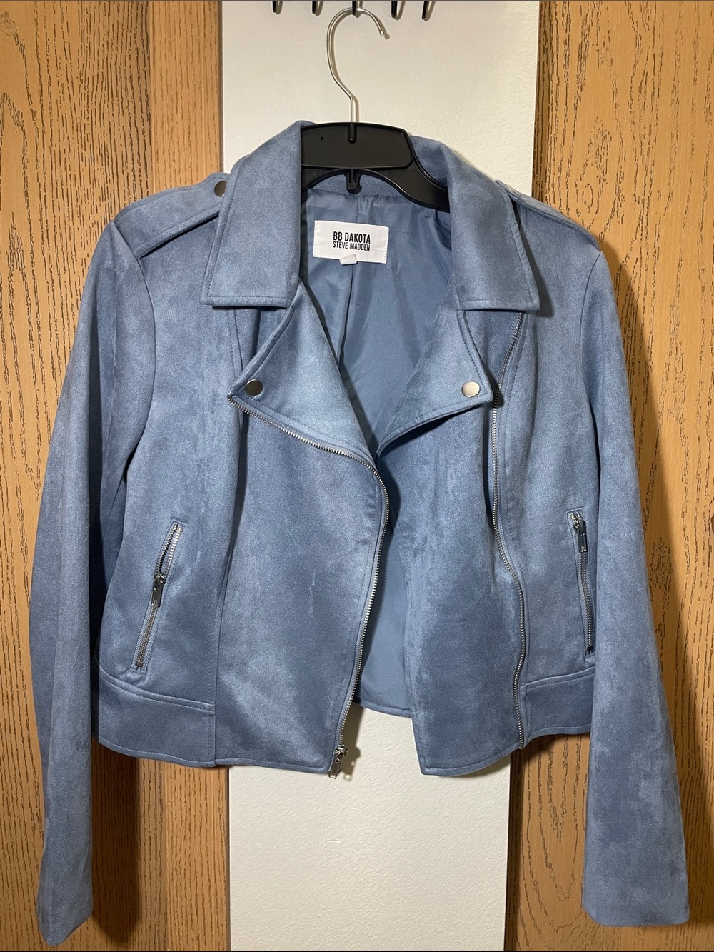 BB Dakota Dusty Blue Suede-Look Moto Jacket